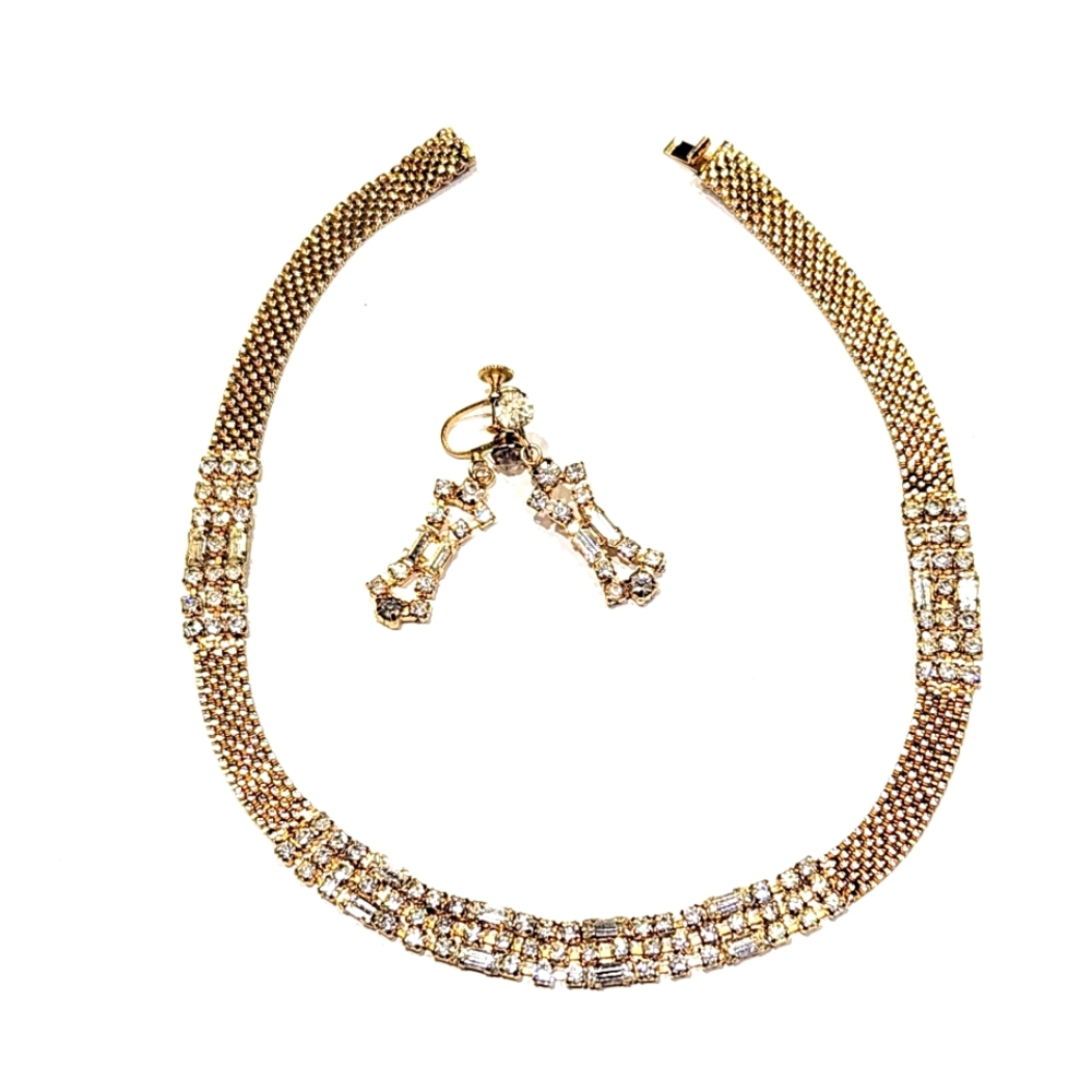 Gold tone 1940's set rhinestone pave choker necklace screw twist earrings.